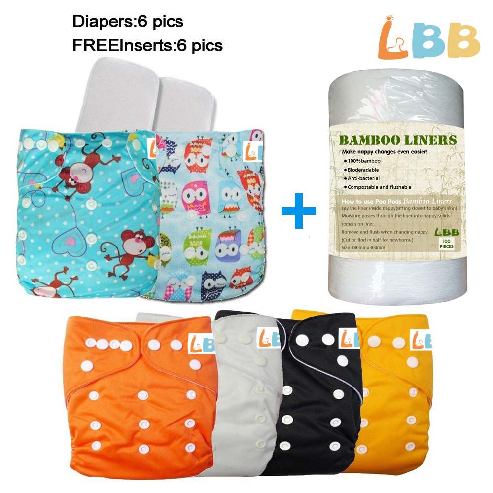 LBB(TM) Baby Resuable Washable Pocket Cloth Diaper With Adjustable Snap,6 pcs+ 6 inserts+1 roll