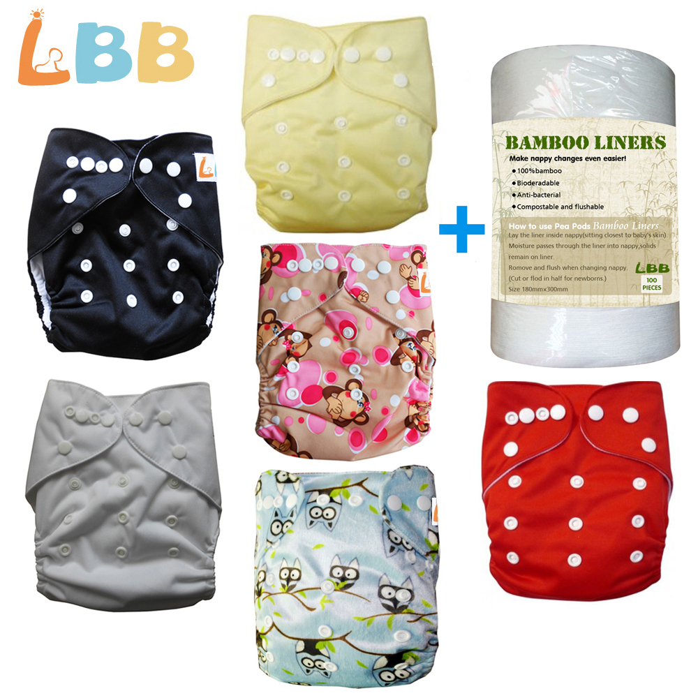 LBB(TM) Baby Cloth Diapers Reusable One Size Pocket, 6 pc + 6 Inserts+1 roll of liner