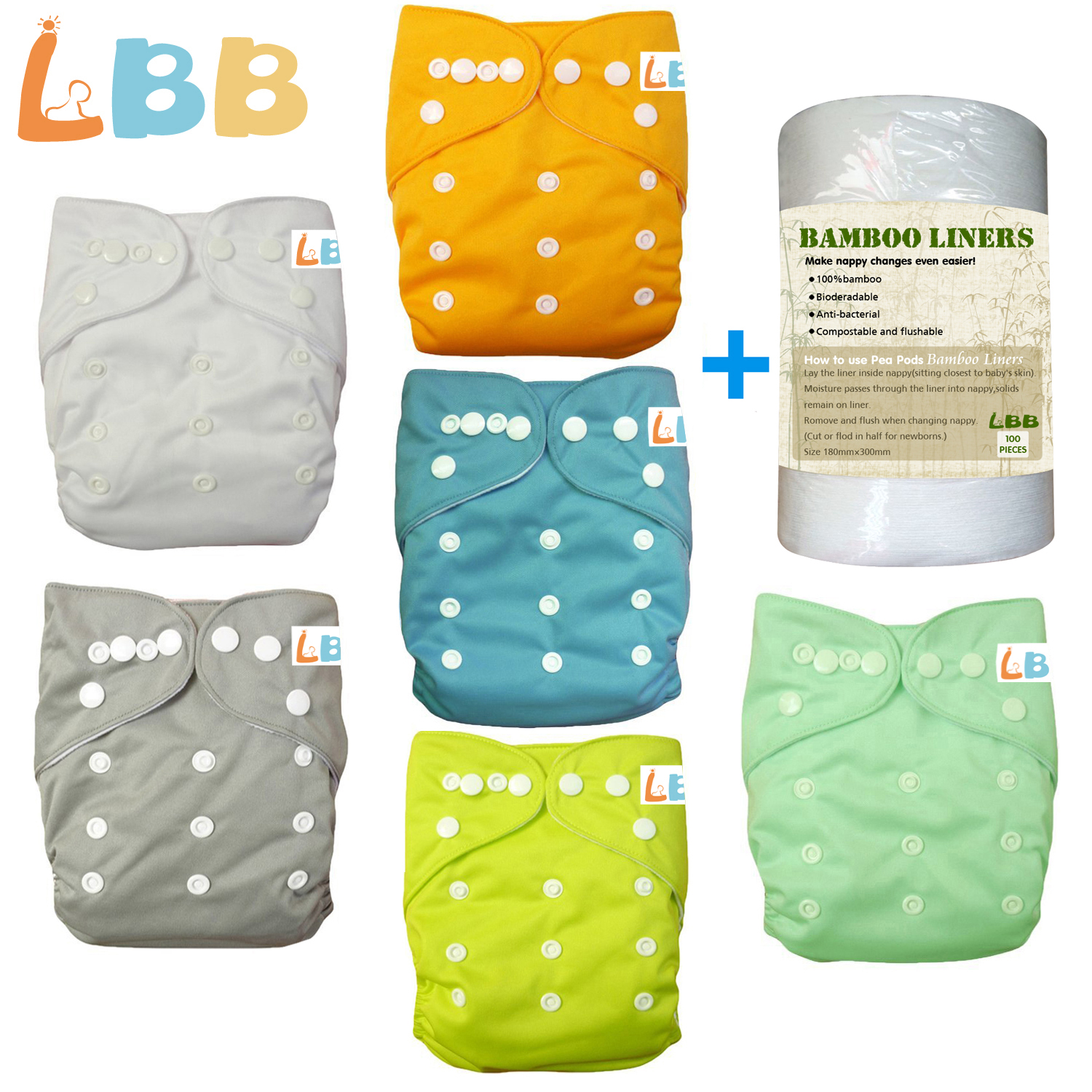 LBB(TM) Baby Double Rows of Snaps 6pcs Pack+1 roll of liner Fitted Pocket Washable Adjustable C