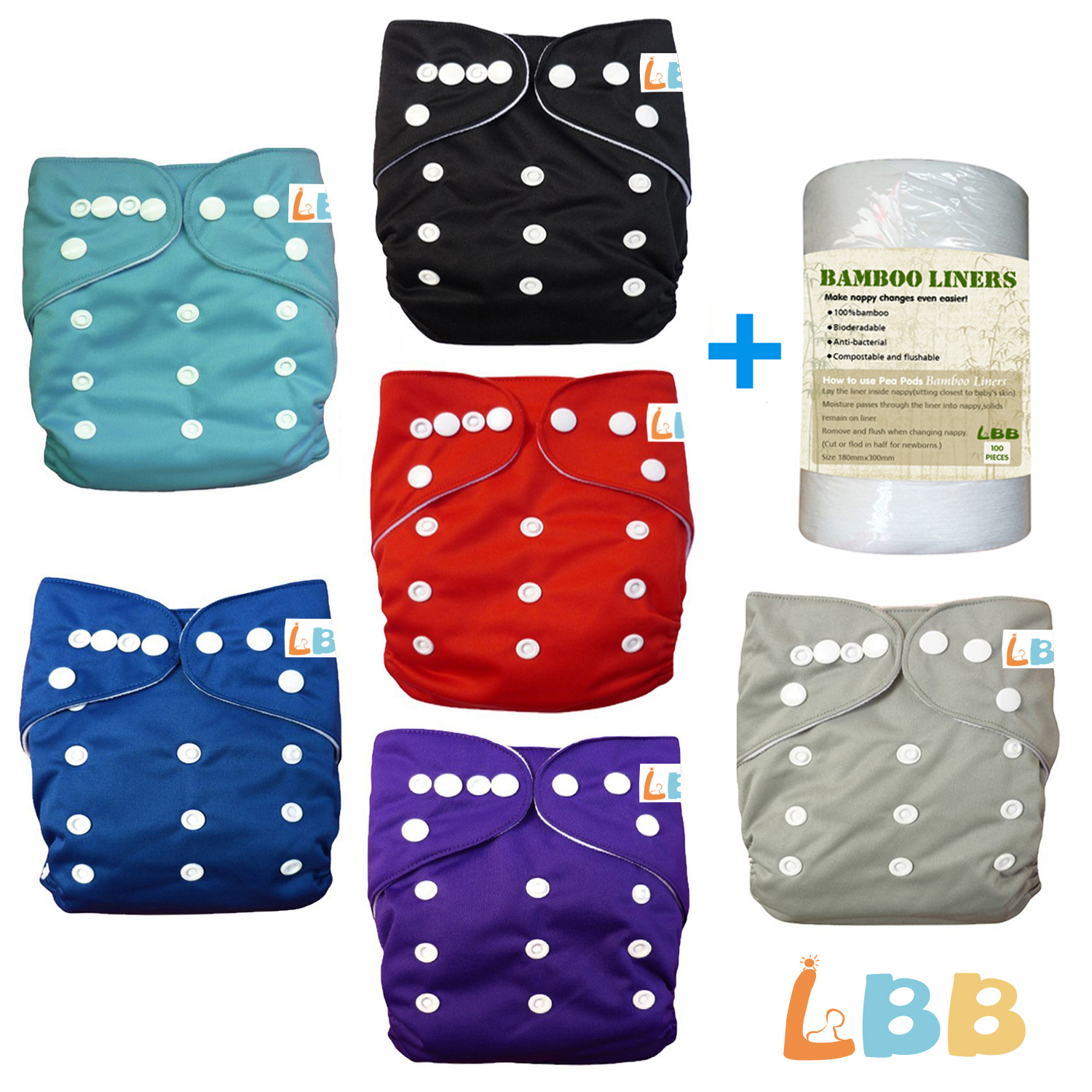 LBB(TM) Baby 6pcs+1 roll of liner Pack Pocket Adjustable Cloth Diaper?(Boy Color) 6BM99